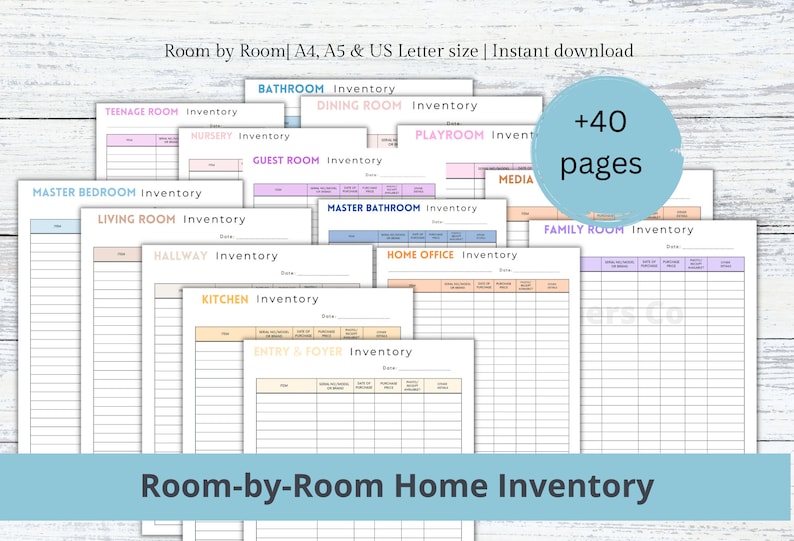 May include: A set of printable home inventory checklists in various colors. The checklists are organized by room, including master bedroom, living room, kitchen, bathroom, and more. The text on the page reads "Room by Room Home Inventory" and "+40 pages".