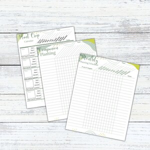 May include: Three printable gardening planner pages with green and yellow accents. The first page is a plant crop calendar, the second is a companion planting chart, and the third is a monthly planting schedule for fruits and vegetables.