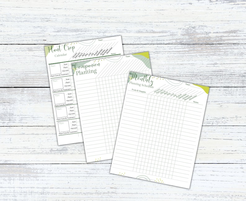 May include: Three printable gardening planner pages with green and yellow accents. The first page is a plant crop calendar, the second is a companion planting chart, and the third is a monthly planting schedule for fruits and vegetables.