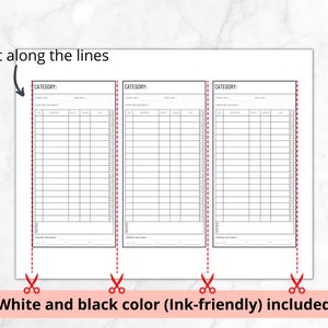 May include: Three printable budget tracker sheets with the text "CATEGORY:" at the top of each sheet. The sheets are divided into columns for "Start Day", "Starting Balance", "Description", "Amount", "Notes", and "End Day". The sheets are designed to be cut along the lines.