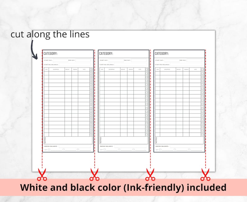 May include: Three printable budget tracker sheets with the text "CATEGORY:" at the top of each sheet. The sheets are divided into columns for "Start Day", "Starting Balance", "Description", "Amount", "Notes", and "End Day". The sheets are designed to be cut along the lines.