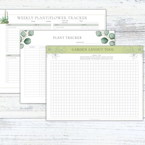 May include: Printable garden planner with three pages: a weekly plant tracker, a monthly plant tracker, and a garden layout tool. The pages feature a green and white floral design.