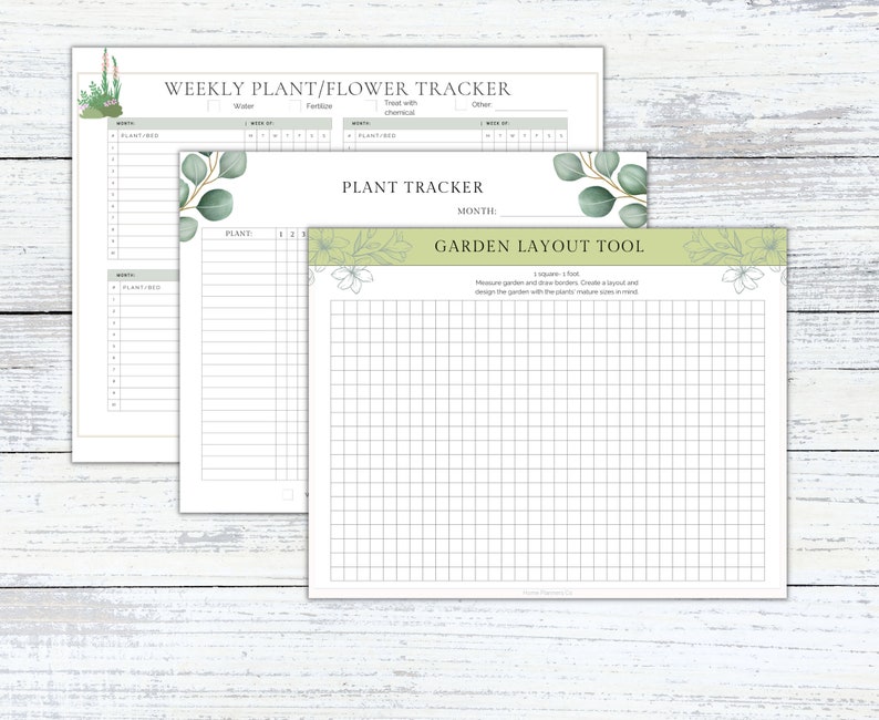 May include: Printable garden planner with three pages: a weekly plant tracker, a monthly plant tracker, and a garden layout tool. The pages feature a green and white floral design.