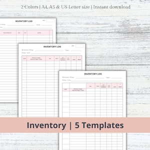 May include: Three printable inventory log templates in black and white with pink accents. The templates are labeled "Inventory Log" and include columns for date, product name, item number, price, quantity in stock, quantity sold, cost, and profit.