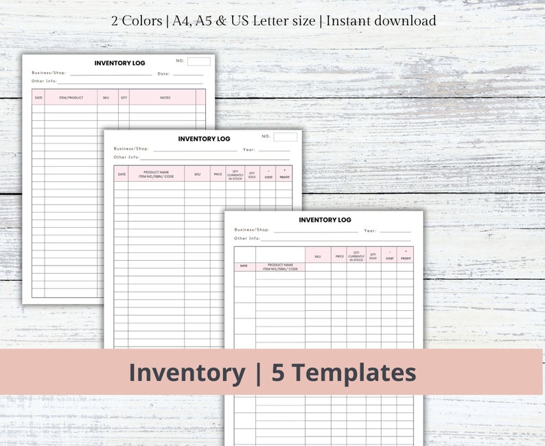 May include: Three printable inventory log templates in black and white with pink accents. The templates are labeled "Inventory Log" and include columns for date, product name, item number, price, quantity in stock, quantity sold, cost, and profit.