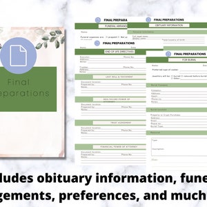 May include: A set of final preparation documents, including funeral arrangements, obituary information, and end-of-life directives. The cover features a green rectangle with the words "Final Preparations" and a document icon. The text at the bottom says "includes obituary information, funeral arrangements, preferences, and much more."