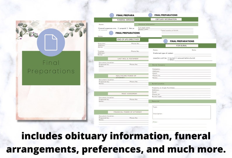 May include: A set of final preparation documents, including funeral arrangements, obituary information, and end-of-life directives. The cover features a green rectangle with the words "Final Preparations" and a document icon. The text at the bottom says "includes obituary information, funeral arrangements, preferences, and much more."