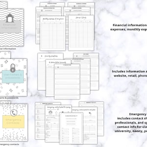 Op de afbeelding: Een verzameling afdrukbare plannerpagina's, waaronder financi&euml;le informatie, gebruikersnaam- en wachtwoordlogboeken en contactformulieren voor noodgevallen. De pagina's zijn in zwart-wit met decoratieve elementen en tekstlabels.