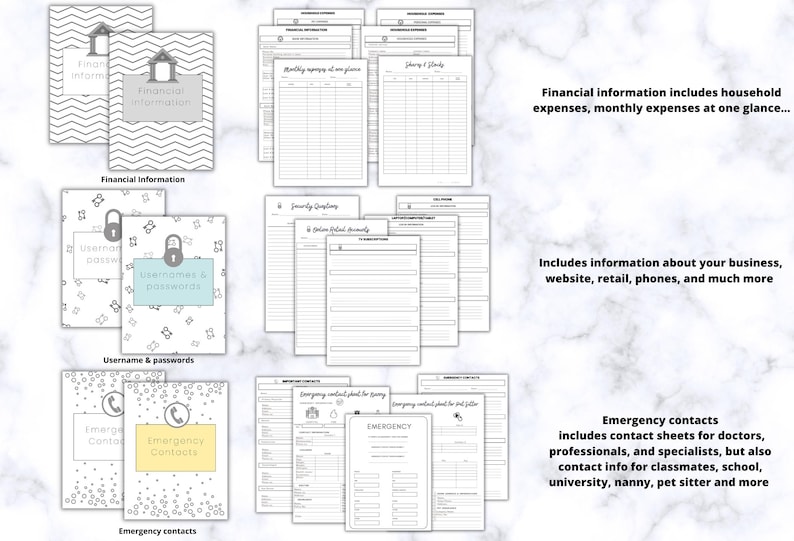 Op de afbeelding: Een verzameling afdrukbare plannerpagina's, waaronder financi&euml;le informatie, gebruikersnaam- en wachtwoordlogboeken en contactformulieren voor noodgevallen. De pagina's zijn in zwart-wit met decoratieve elementen en tekstlabels.