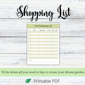 Puede incluir: Una lista de compras de plantas imprimible con un fondo verde. La lista tiene columnas para la planta, la descripci&oacute;n, el proveedor, la cantidad y el costo.