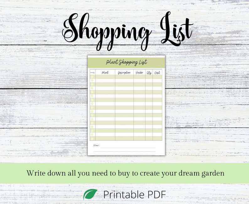 Puede incluir: Una lista de compras de plantas imprimible con un fondo verde. La lista tiene columnas para la planta, la descripci&oacute;n, el proveedor, la cantidad y el costo.