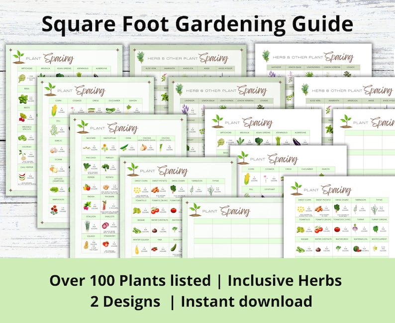 Puede incluir: Una gu&iacute;a de jardiner&iacute;a de un pie cuadrado imprimible con m&aacute;s de 100 plantas listadas, incluidas hierbas. La gu&iacute;a presenta dos dise&ntilde;os y est&aacute; disponible para descarga instant&aacute;nea.