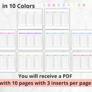 May include: Printable planner inserts in 10 different colors. Each page has 3 inserts. You will receive a PDF with 10 pages.