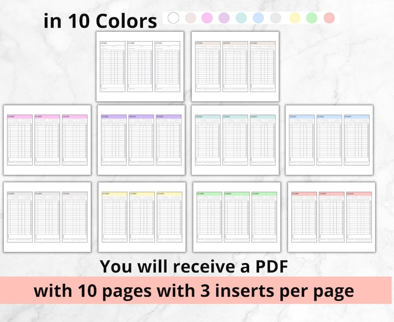 May include: Printable planner inserts in 10 different colors. Each page has 3 inserts. You will receive a PDF with 10 pages.