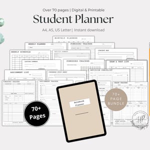 Op de afbeelding: Een digitale en printbare studentenplanner met meer dan 70 pagina's. De planner bevat maandelijkse, wekelijkse en opdrachttrackers, collegesamenvattingen en examenlijsten. Verkrijgbaar in A4, A5 en US Letter. De afbeelding toont ook een potlood en een tablet.