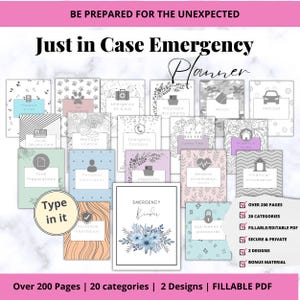 Op de afbeelding: Een noodplan met de tekst "Just in Case Emergency Planner" en verschillende categorie-omslagen, waaronder "Paspoort & Visa" en "EHBO-kit". De planner bevat meer dan 200 pagina's, 20 categorie&euml;n en is invulbaar/bewerkbaar.