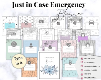 Puede incluir: Un planificador de emergencias con el texto "Just in Case Emergency Planner" y varias portadas de categorías, incluyendo "Pasaporte y Visa" y "Kit de emergencia y ayuda". El planificador incluye más de 200 páginas, 20 categorías y es rellenable/editable.