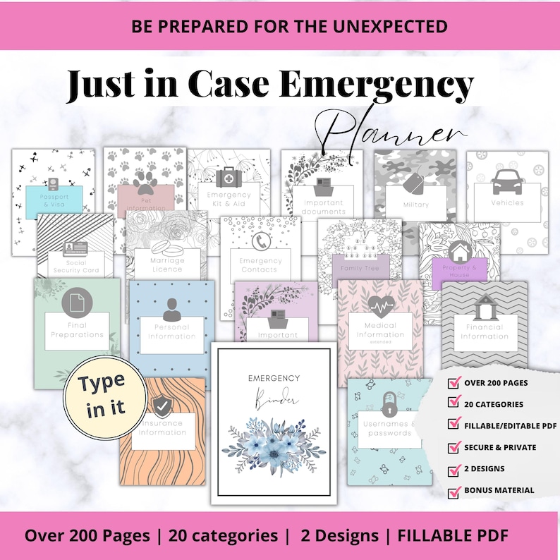 Op de afbeelding: Een noodplan met de tekst "Just in Case Emergency Planner" en verschillende categorie-omslagen, waaronder "Paspoort & Visa" en "EHBO-kit". De planner bevat meer dan 200 pagina's, 20 categorie&euml;n en is invulbaar/bewerkbaar.