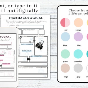May include: A pharmacological study guide displayed on a tablet and paper, with the text "Print, or type in it or fill out digitally." A color palette with 12 options is shown. The guide includes sections for drug information and administration.