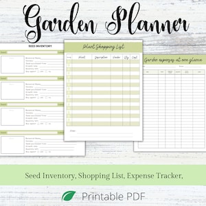 Puede incluir: Planificador de jard&iacute;n imprimible con secciones para el inventario de semillas, la lista de compras de plantas y los gastos de jard&iacute;n. El planificador tiene un esquema de color verde y blanco.