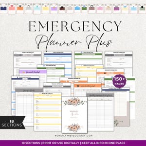 May include: An "Emergency Planner Plus" with 18 sections and over 150 pages. The planner includes sections for financial information, family information, and final preparations. The cover features floral designs and the text "Emergency Binder".