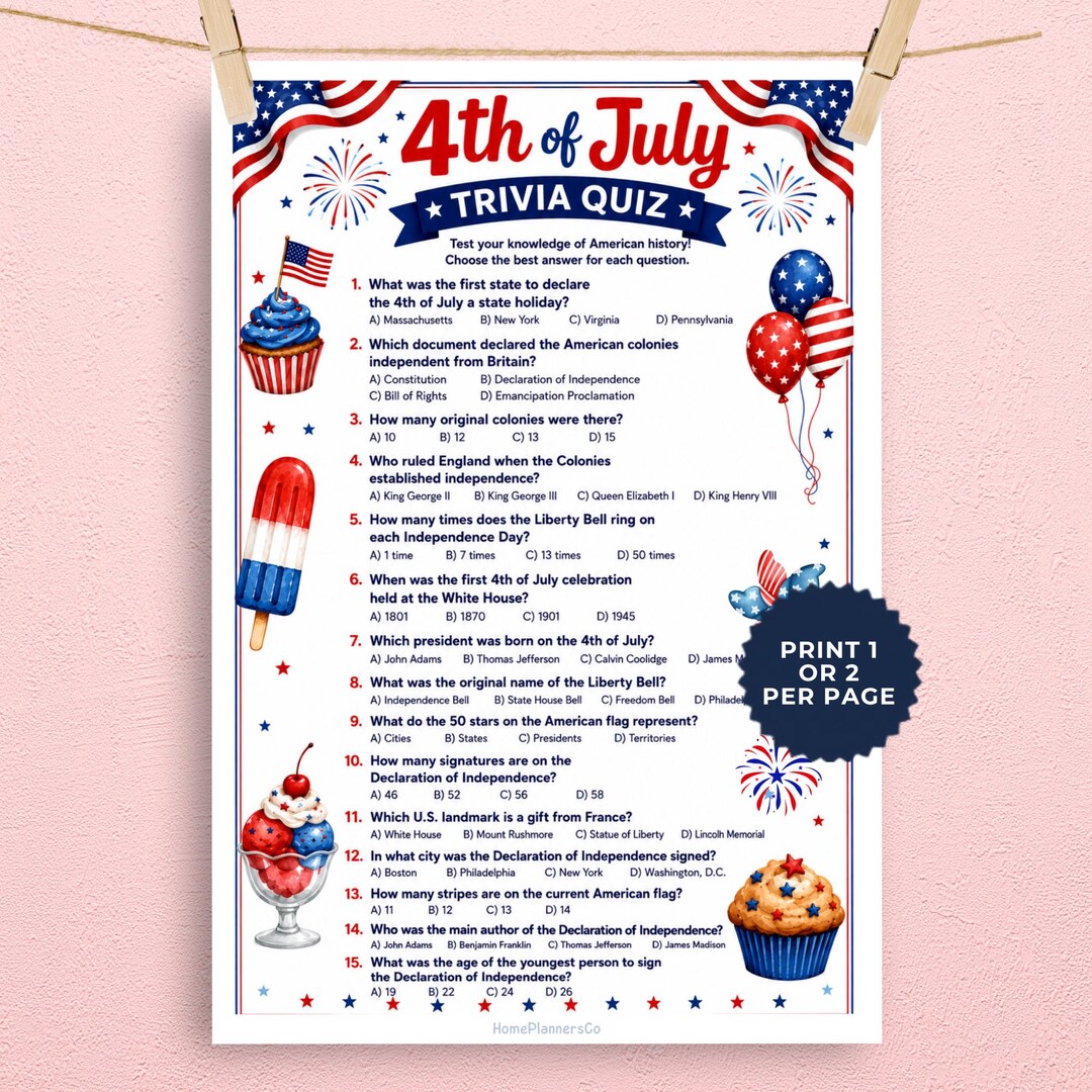 4th of July Trivia Game Printable Fourth of July Game, Independence Day ...
