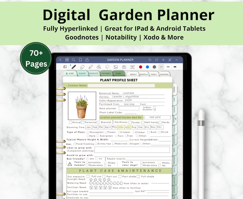 Pu&ograve; includere: Un pianificatore di giardini digitale sullo schermo di un tablet. Il pianificatore include un foglio di profilo della pianta con sezioni per il nome comune, il nome botanico, la variet&agrave;, il colore, l'aspetto, il luogo di acquisto, il costo, la data di impianto, il codice di etichetta della pianta, la posizione di impianto, la resistenza, il periodo di fioritura, il tipo di pianta, l'altezza e la larghezza mature tipiche, l'uso, le piante compagne, le piante da evitare, l'attrattiva per le api, la tossicit&agrave; per gli umani, la repulsione degli insetti, la tossicit&agrave; per i gatti/cani, l'esposizione al sole, il fabbisogno di luce solare, il fabbisogno di irrigazione, il fabbisogno di fertilizzante, il tipo di terreno necessario, il fertilizzante da utilizzare e il pH del terreno.