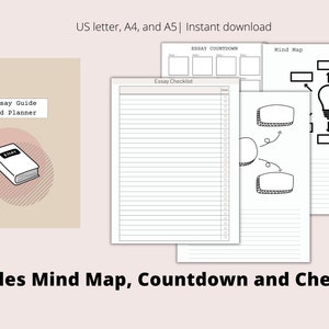 May include: An essay guide and planner with a beige cover and a book illustration. The image includes essay checklists, countdowns, and mind map templates. Text on the image reads: US letter, A4, and A5 | Instant download. Includes Mind Map, Countdown and Checklist.