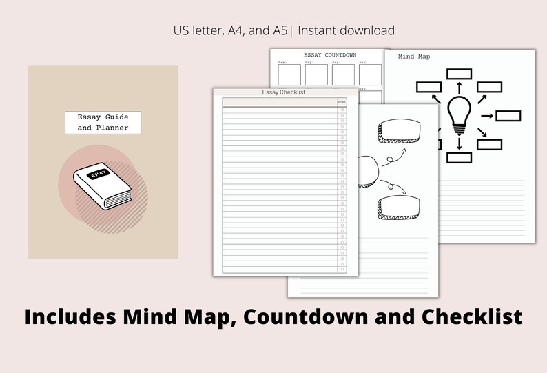 May include: An essay guide and planner with a beige cover and a book illustration. The image includes essay checklists, countdowns, and mind map templates. Text on the image reads: US letter, A4, and A5 | Instant download. Includes Mind Map, Countdown and Checklist.