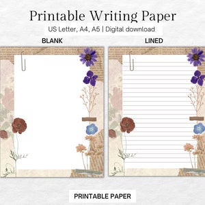 Notas del conjunto de escritura, papel de carta imprimible floral, forrado sin forro, hoja de líneas, papel de escritura, conjunto de escritura de cartas imprimible, carta, A5 y A4