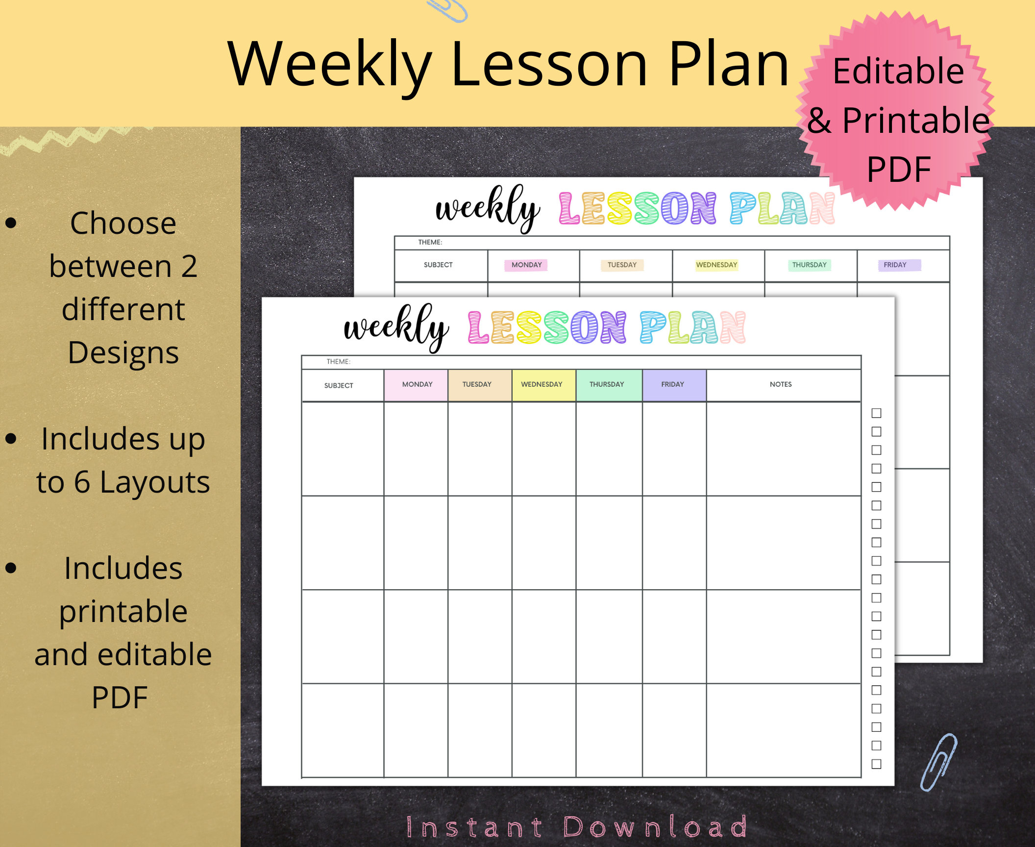 FILLABLE Weekly Lesson Plan Editable Simple Weekly Lesson Plan - Etsy