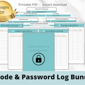 May include: A printable PDF bundle of 12 pages for logging usernames and passwords. The pages are organized by category, such as online retail accounts, website login details, social media accounts, and business login details. Each page has a light blue background with a lock icon and the text "Usernames & passwords".