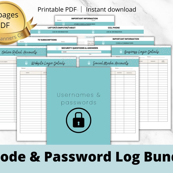 Password Log Bundle,Password Tracker,Password Book Planner Insert,Password List Code,Social Media Account Password Template Printable PDF