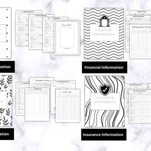 May include: A collection of black and white informational binder covers and pages. The covers are labeled "Personal Information," "Financial Information," "Medical Information," and "Insurance Information." Each cover has a unique design, including dots, zigzags, leaves, and wavy lines.