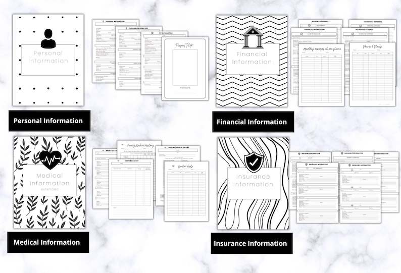 May include: A collection of black and white informational binder covers and pages. The covers are labeled "Personal Information," "Financial Information," "Medical Information," and "Insurance Information." Each cover has a unique design, including dots, zigzags, leaves, and wavy lines.