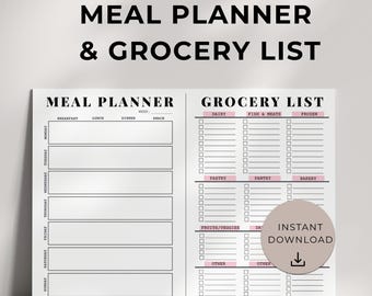 Planificateur de repas hebdomadaire avec liste de courses : journal alimentaire imprimable et modèle de préparation de repas, plan de menus, téléchargement numérique cuisine