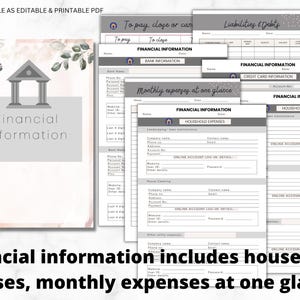 May include: A set of printable financial planning documents featuring a cover page with a bank icon and floral accents, followed by multiple pages with headers including Financial Information, Liabilities & Debts, and Monthly expenses at one glance.