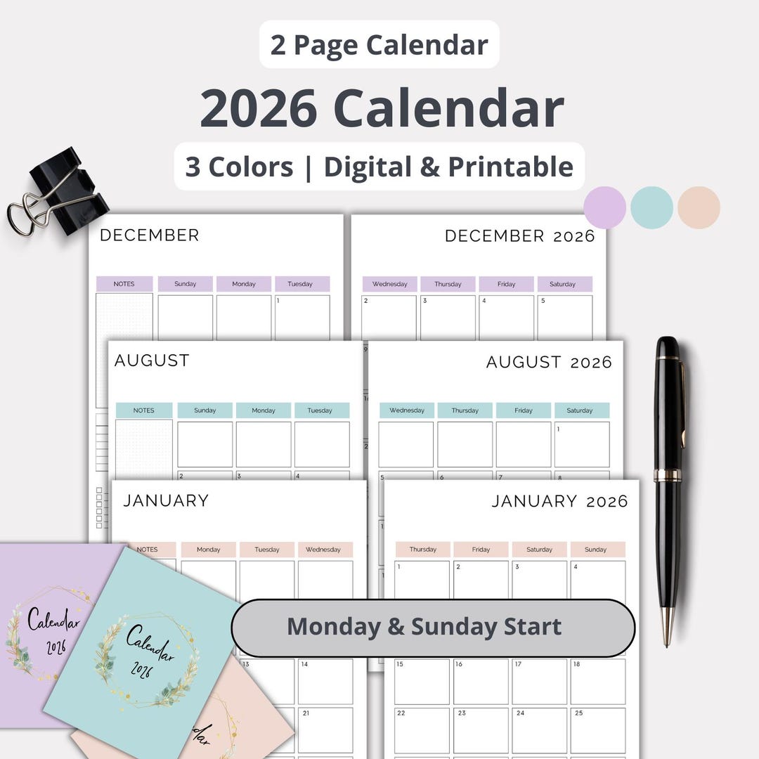Printable 2026 Calendar, 2026 Monthly Calendar Planner, Two 2 Page ...