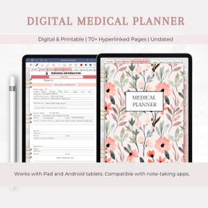 Könnte beinhalten: Ein digitaler medizinischer Planer auf zwei Tablet-Bildschirmen mit einem Eingabestift. Der linke Bildschirm zeigt ein Formular für persönliche Daten, während der rechte Bildschirm ein Blumen-Cover mit dem Text MEDICAL PLANNER zeigt.