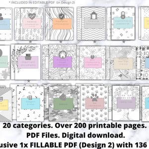 Op de afbeelding: Een verzameling van 20 afdrukbare PDF-bestanden, elk met een uniek omslagontwerp en gelabeld met categorie&euml;n zoals "Persoonlijke informatie" en "Medische informatie". De afbeelding bevat de tekst "20 categorie&euml;n. Meer dan 200 afdrukbare pagina's".