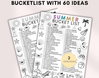 May include: Two digital printable summer bucket list sheets featuring 60 activity ideas, checkboxes, and black and white line art illustrations of beach and summer items. The text reads Summer Bucket List and includes a circular badge stating 2 Versions.