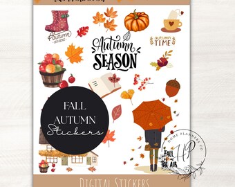 May include: A sheet of digital stickers with an autumn theme. The design includes a pumpkin, leaves, a person with an umbrella, and text that reads "Autumn Season" and "Fall Autumn Stickers". The color palette is warm, with oranges, browns, and reds.