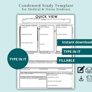 May include: A fillable study template for medical and nursing students. The template includes sections for quick views, must-know summaries, key points, and ADHD strategies. The design is black and white with teal accents and the text "Type in it" is visible.