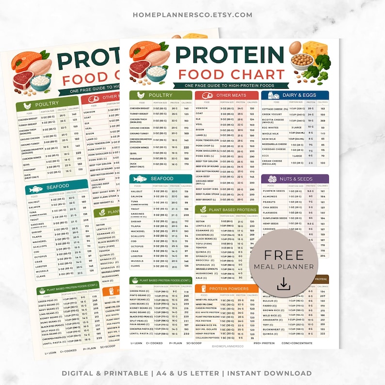 May include: A digital protein food chart featuring categories for poultry, other meats, dairy, eggs, seafood, nuts, seeds, plant-based proteins, and powders. The document includes a circular badge with the text FREE MEAL PLANNER and a download icon.