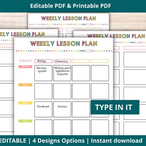 May include: Four printable weekly lesson plan templates with colorful borders. Each template has a subject, day of the week, and space for writing. The text "TYPE IN IT" is on the bottom right corner of the image.