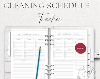 May include: A white ring-bound planner open to a daily cleaning checklist with black text and lines. A blue pencil rests on the left page. The text reads CLEANING SCHEDULE Tracker, Daily Cleaning Checklist, and Add Text on a red circular badge.