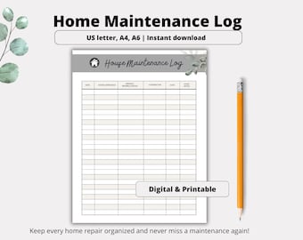 House Maintenance Log, Home Repairs Tracker, House Log, Home Maintenance Log, Home Improvement Log,