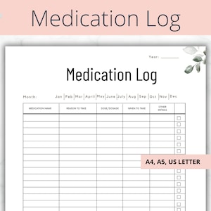 Medication Log, Medication Tracker, Medication Organizer, Medication List, Medication Chart, Pill Tracker, Supplement Tracker, Printable Log