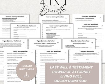 Living Will, Power of Attorney, Last Will and Testament, Organ Donation Worksheet - 4 in 1 Bundle, Planning Templates End of Life Planning