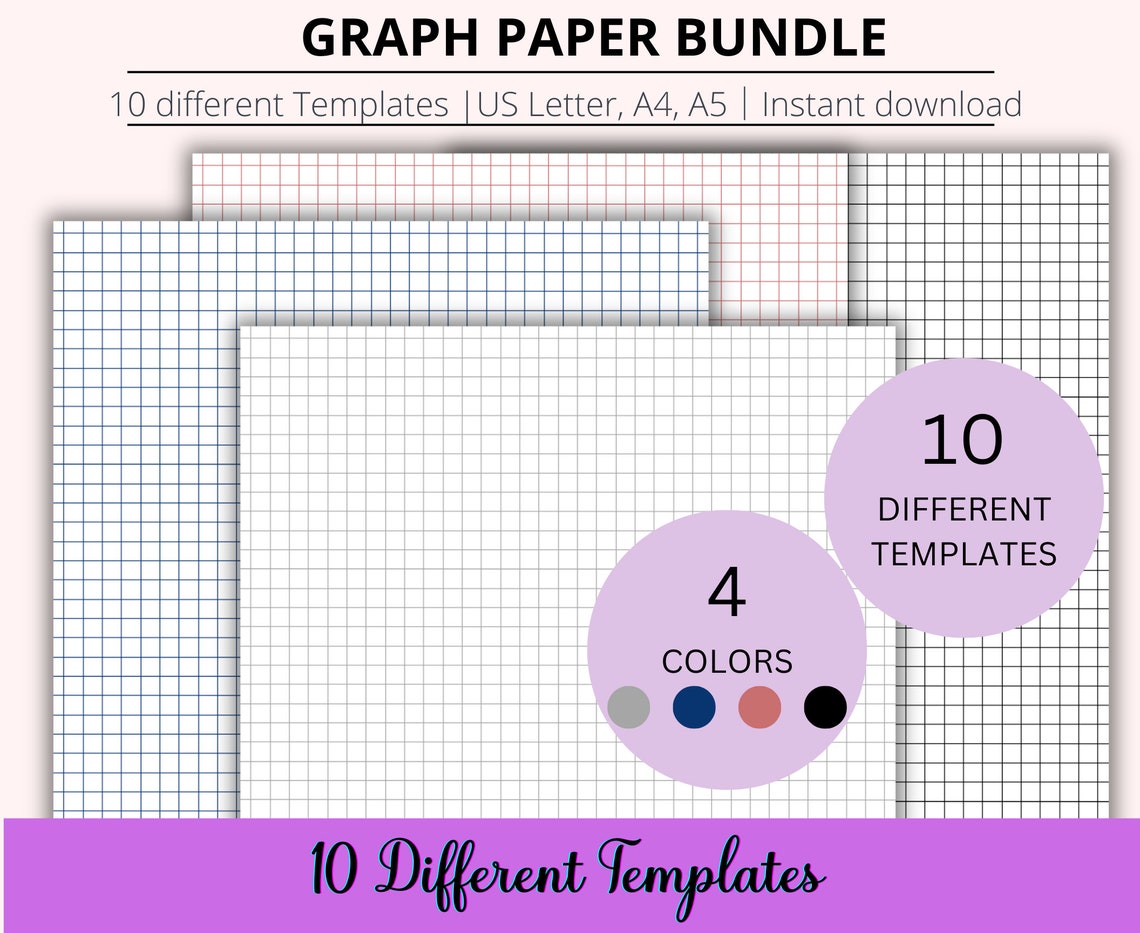 Graph Paper Bundle 4 Colors Blue Red Black Gray Printable Graph Grid ...